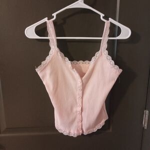 Lace Trim Button-Up Camisole in Soft Pink